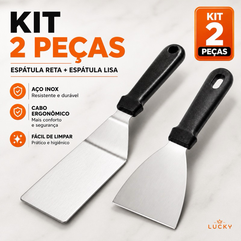Kit Espátula Chapeiro Profissional de Inox 2 Peças Reta Curva Cozinha Burger Churrasco