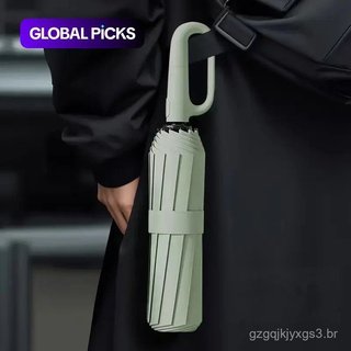 Guarda-chuva automático dobrável verde, 1 unidade, compacto, com fivela de anel, resistente ao vento, reforçado, de bols