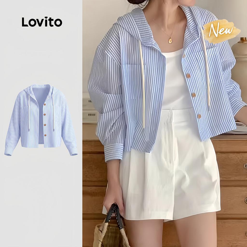 (New Arrival) Lovito Jaqueta Casual Coreana Minimalista Urbana Bolsos e Botões Azul Primavera/Verão Feminina LNE1483161