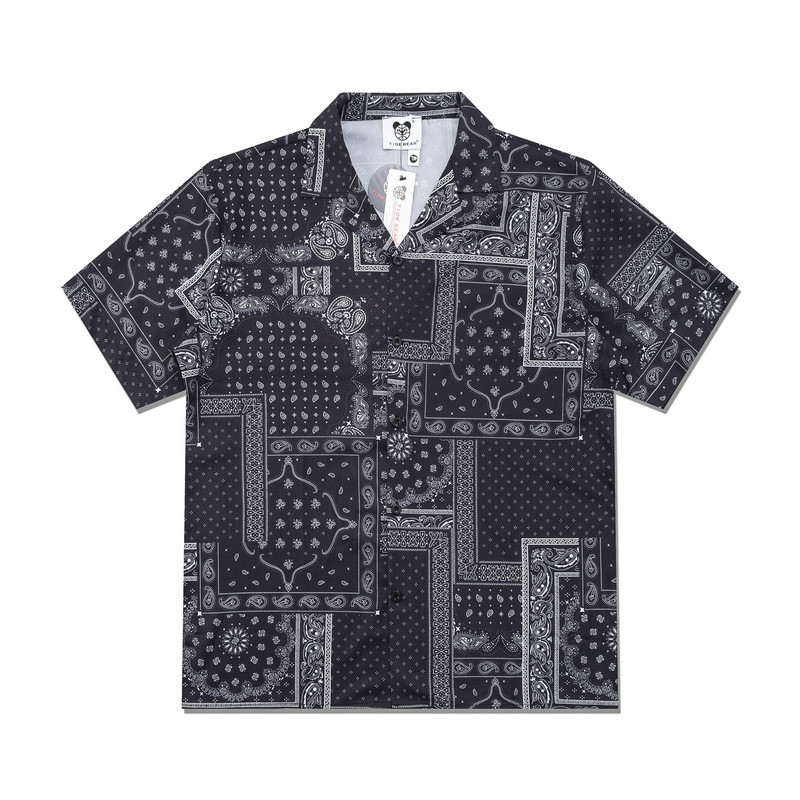 [Novo produto] Cavalheiro Marca High Street Casual Impressão Digital Praia Camisa Masculina de Manga Curta Flor de Fruta