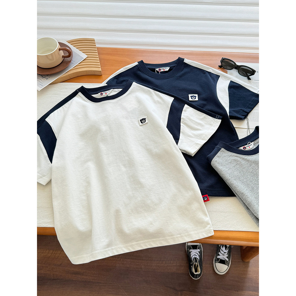 Meninos camiseta de manga curta puro algodão verão 2026 novo estilo crianças cor-bloqueio moda meia manga meninos verão 