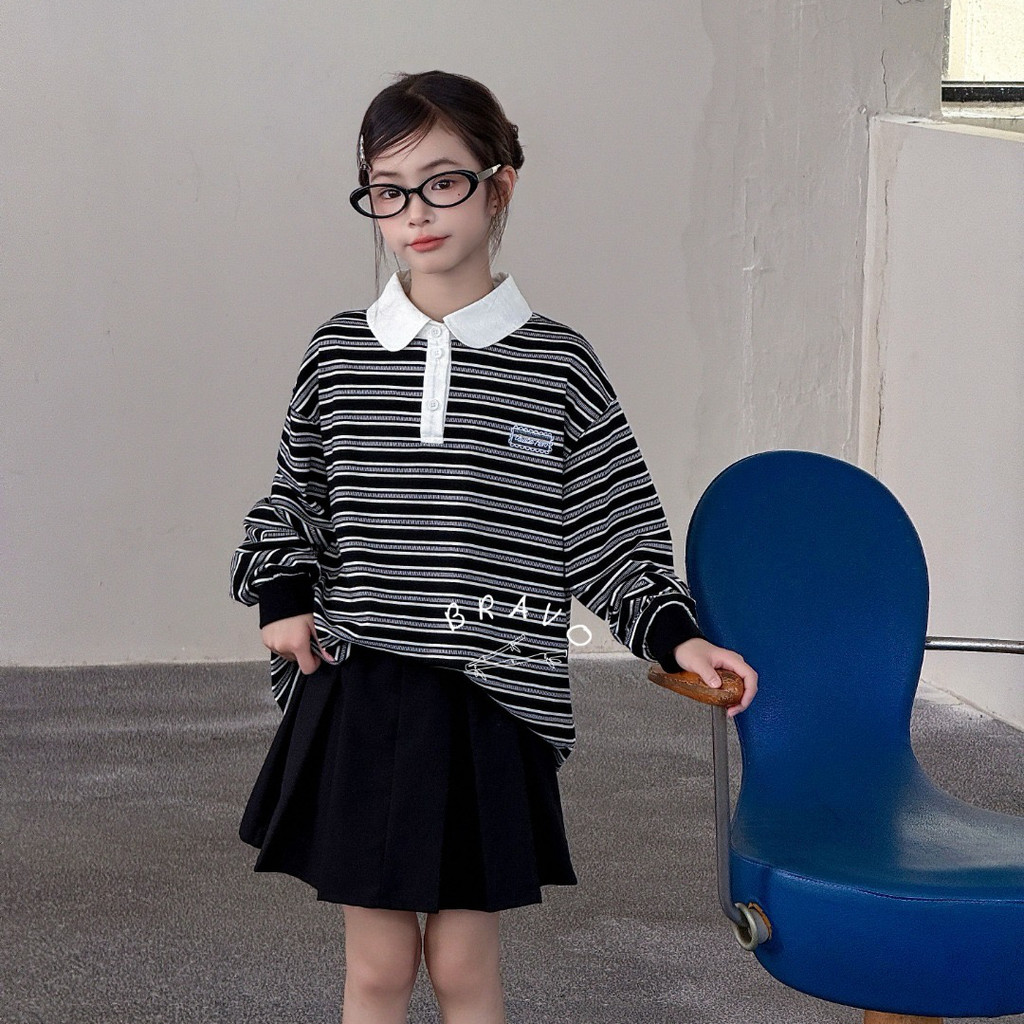 Brio primavera outono estilo meninas listrado lapela camisa POLO gola de manga comprida camiseta médio grande crianças r