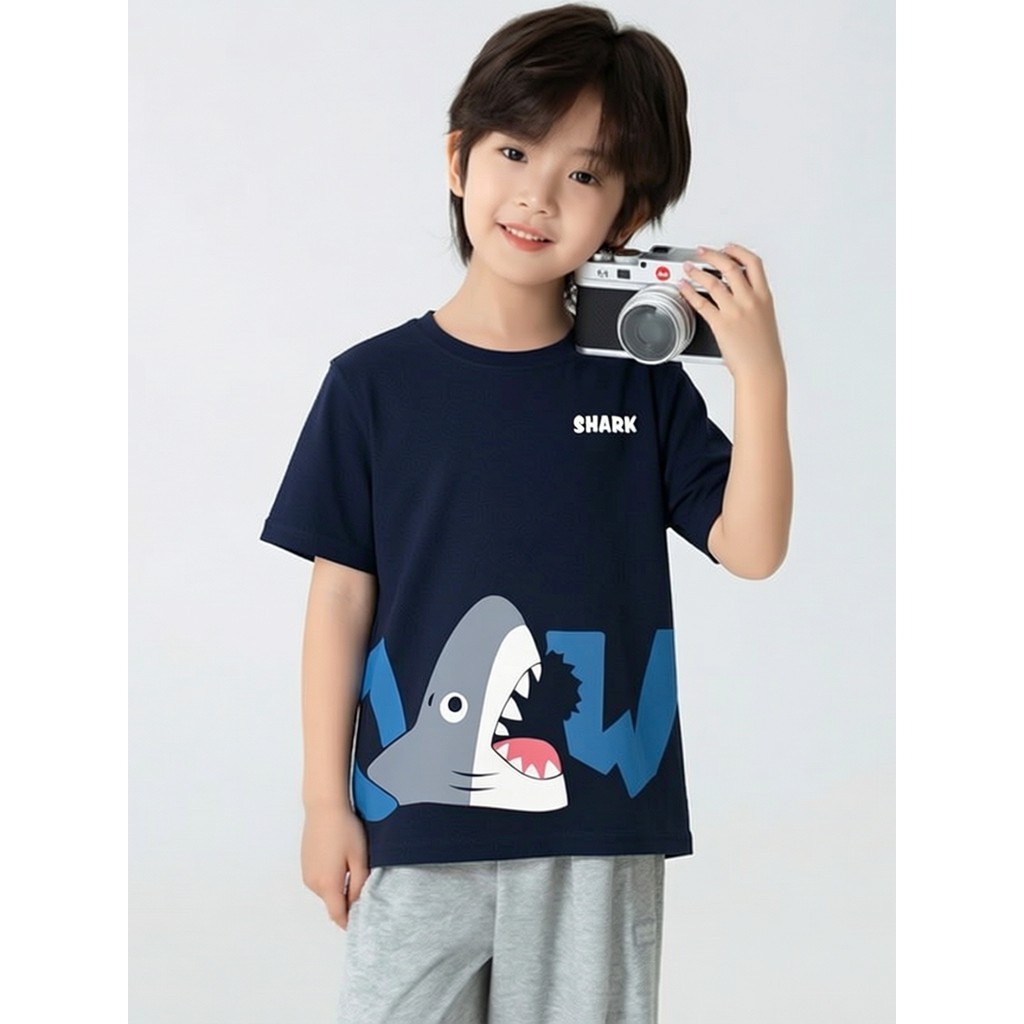 Médio grande crianças marca comércio exterior versão coreana roupas infantis puro algodão tubarão camiseta de manga curt