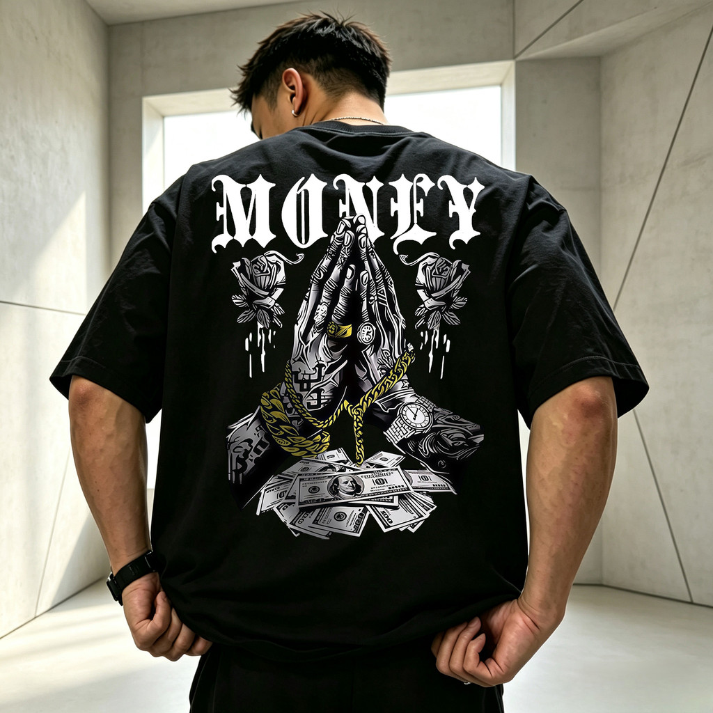 Camiseta Masculina Oversized Estampa Mão de Ouro Dinheiro Rosas, Camiseta de Algodão, Moda Streetwear Urbana