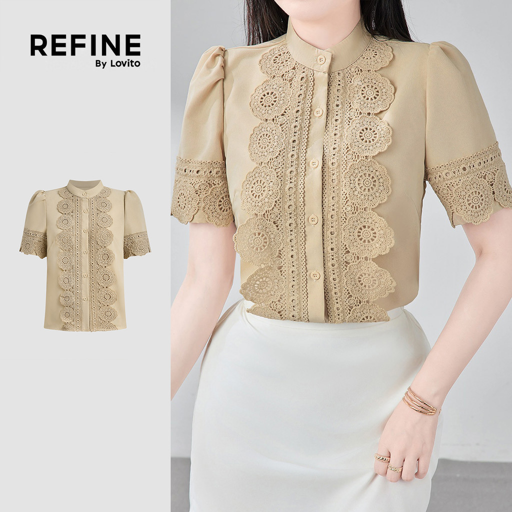 (Refine by Lovito) Elegante Blusa com Babado No Pescoço Botão Frontal Primavera/