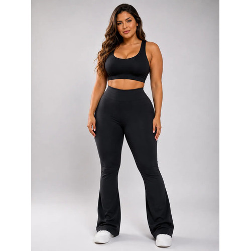 Calça Flare Feminina Poliamida Cintura Alta Fitnes Plus Size-Preto,Lisa,G1, G2, G3