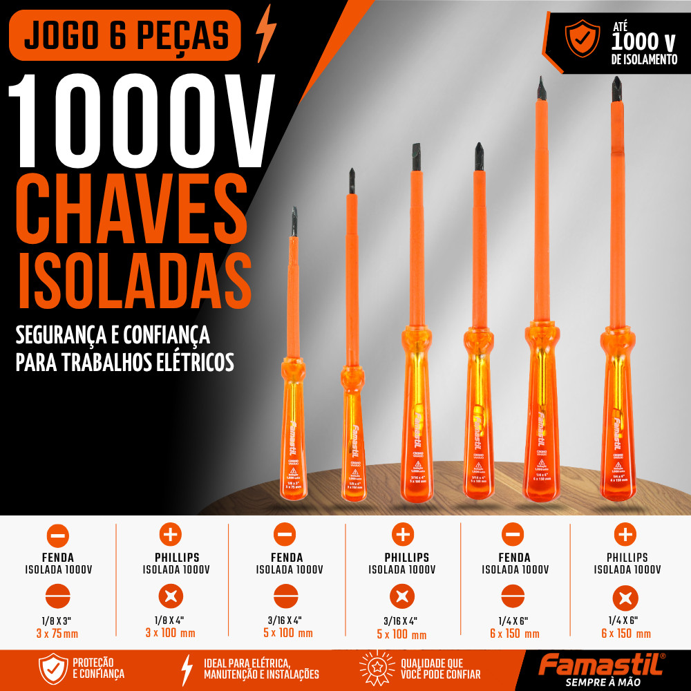 Jogo de Chaves Isoladas de Fenda e Phillips 1000V Ponta Imantada 6 Peças Famastil