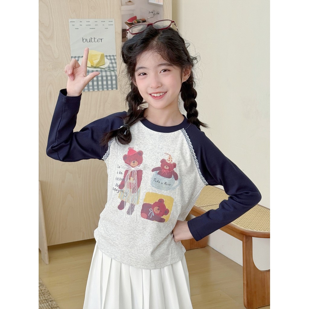 Meninas puro algodão camiseta topo primavera estilo ocidental 2026 novo estilo médio grande crianças soltas de manga com