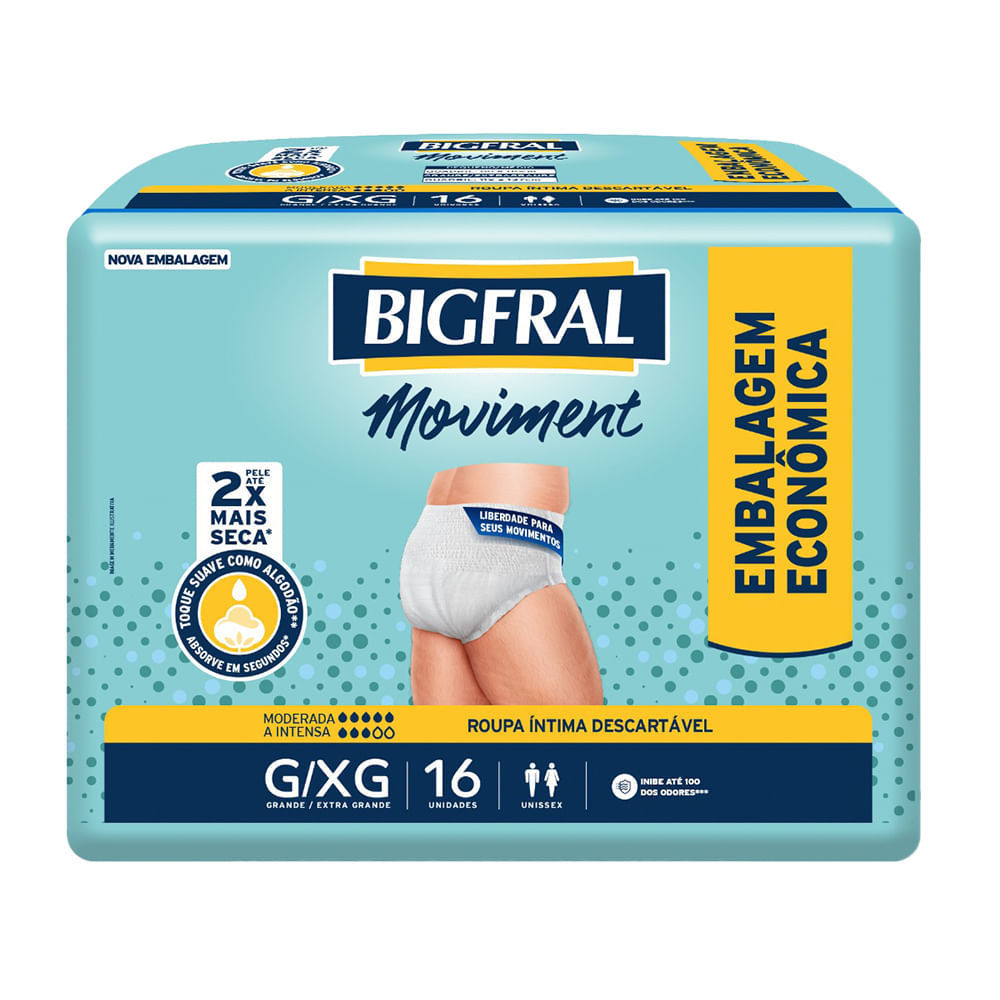 Roupa Íntima Bigfral Moviment Unissex G/XG 16 Unidades