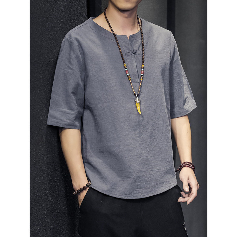 Camiseta masculina de manga curta verão algodão linho roupas de chá roupas Zen Han roupas masculinas estilo chinês Tang