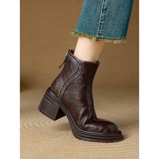 G Great Wear Botas curtas estilo ocidental femininas outono inverno forro de lã engrossado bico redondo botas de salto a