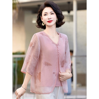 2026 novo estilo mãe verão manga curta digno atmosférico moda topo de meia-idade idosos moda Chiffon pequena camisa tern