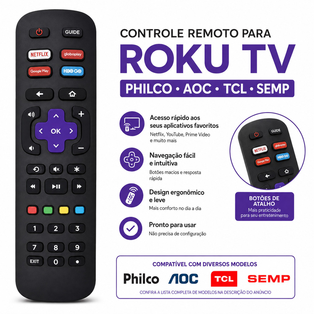 Controle Remoto para Roku TV Philco AOC TCL Semp | Compatível Netflix YouTube Prime