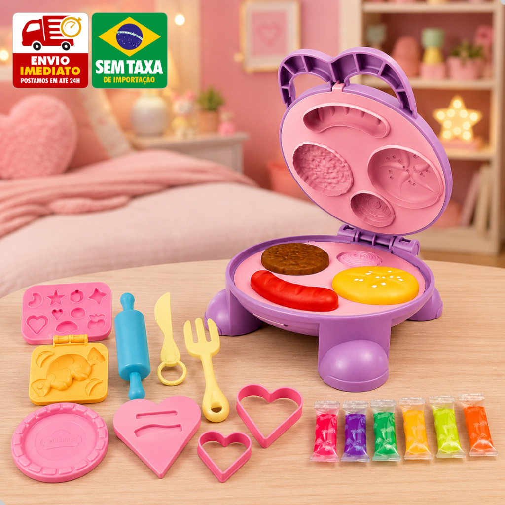 Brinquedo Máquina de Massinha 6 Cores com Forminhas Acessórios Comidinhas Infantil Educativo 3+ Anos