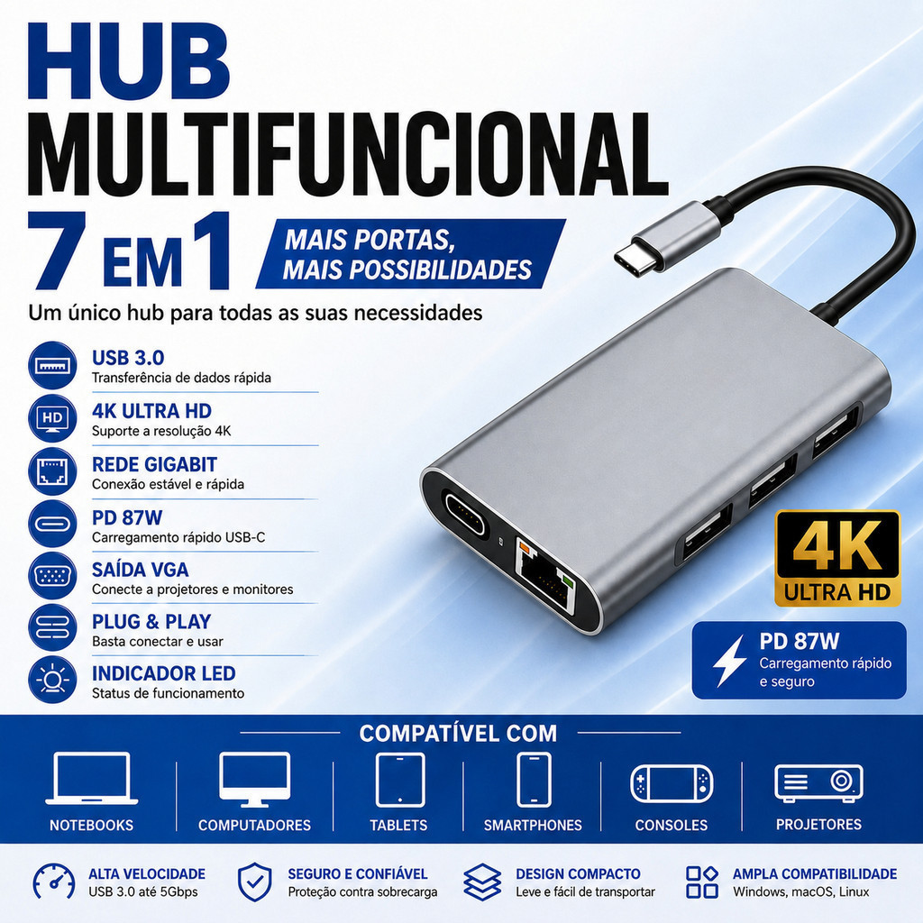 Hub USB-C 7 em 1 SEISA BYL-2111 com HDMI 4K, VGA, LAN RJ45 e USB 3.0