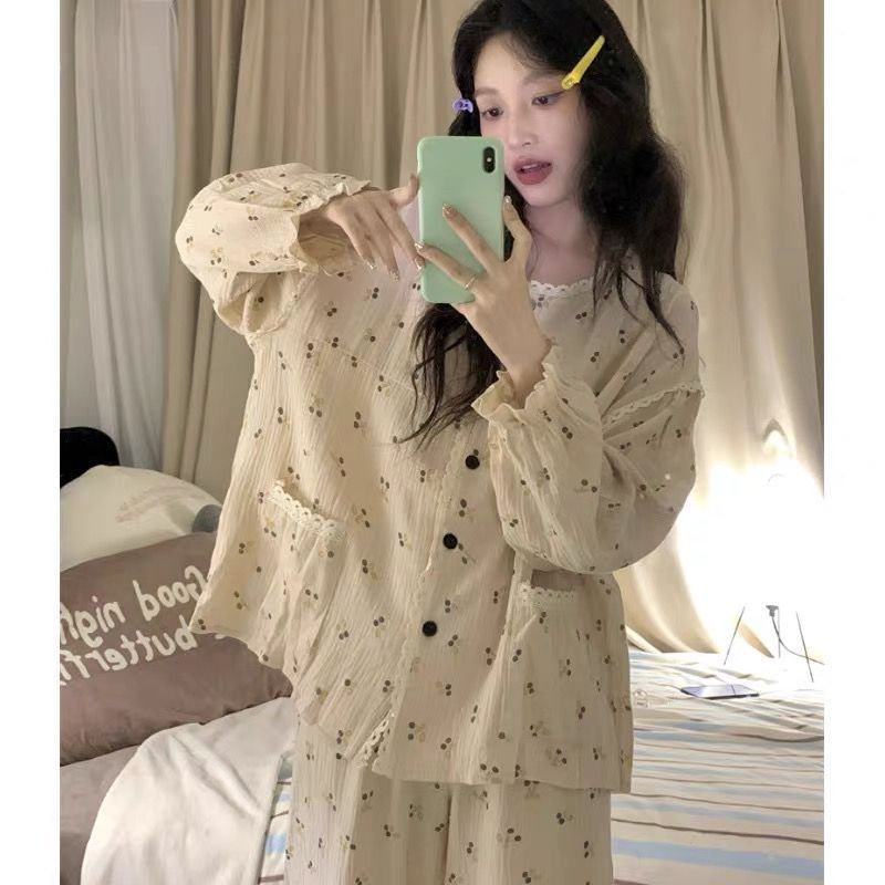 Pijamas femininos primavera outono versão coreana doce renda Floral influenciador calças de manga comprida