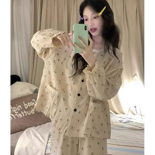 Pijamas femininos primavera outono versão coreana doce renda Floral influenciador calças de manga comprida