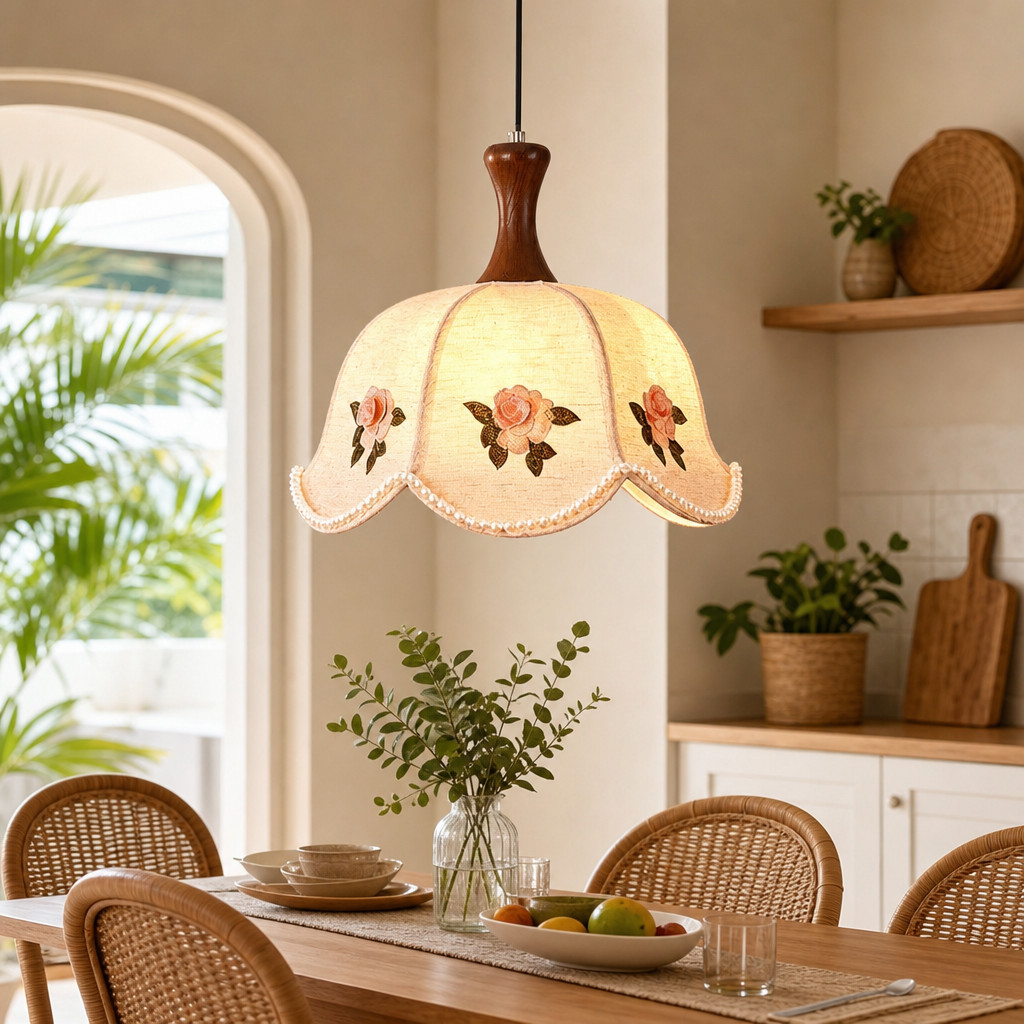 Luminária Pendente Vintage Francesa Lustre Pendente Rosas Bordadas Luz Tricolor Para Mesa Jantar Quarto