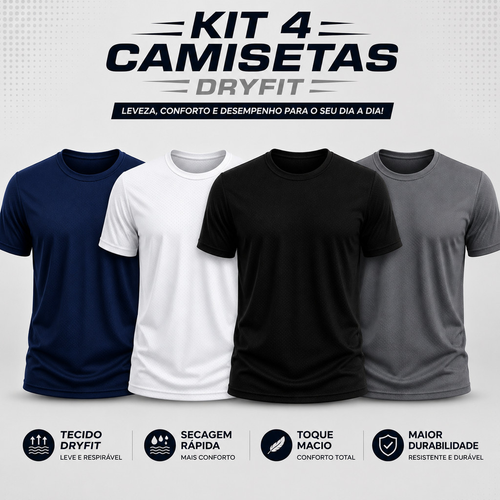 Kit 4 Camisetas Básica Masculina Dry Fit Esporte Treino Academia Proteção UV