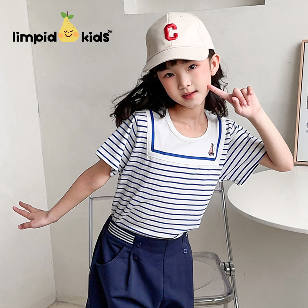 Listrado âncora ~ meninas algodão estilo marinho camiseta de manga curta médio grande crianças estilo verão bebê puro al