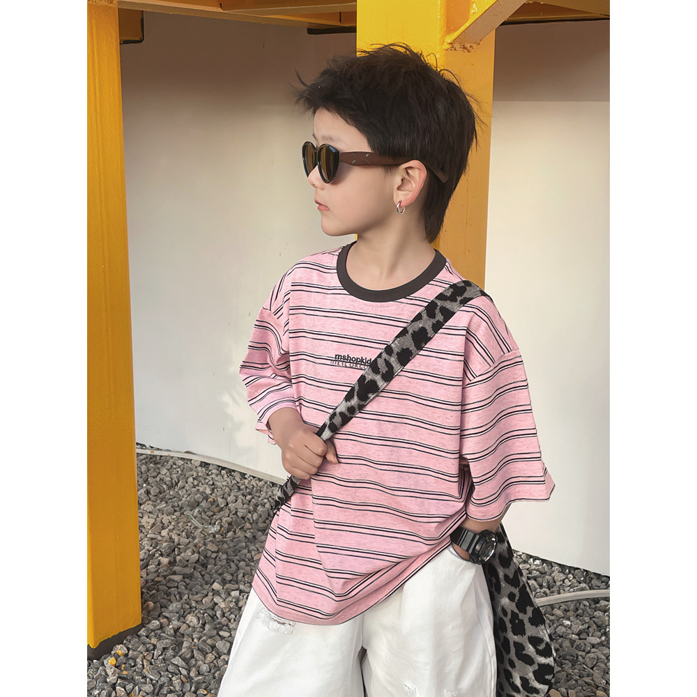 Meninos verão camiseta 2026 novo estilo crianças rosa listrado de manga curta roupas infantis menino bebê verão roupas f