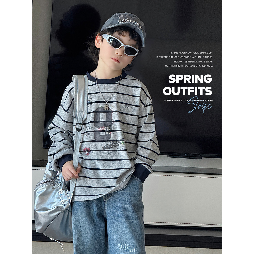 Meninos listrado manga comprida camiseta 2026 primavera outono novo estilo crianças bebê dos desenhos animados impresso 