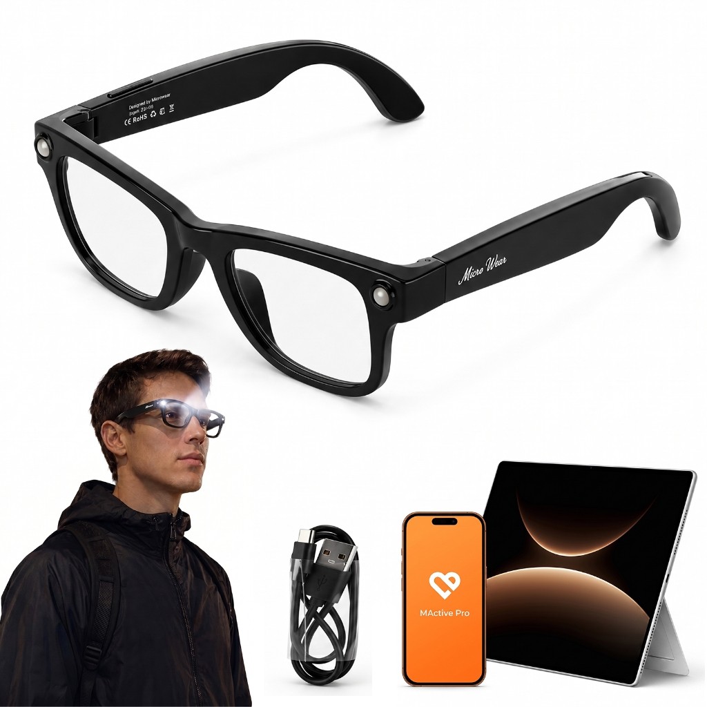 Óculos Inteligentes W‑AI4 Lanterna LED Áudio Open‑Ear IA Bluetooth 38g Leve