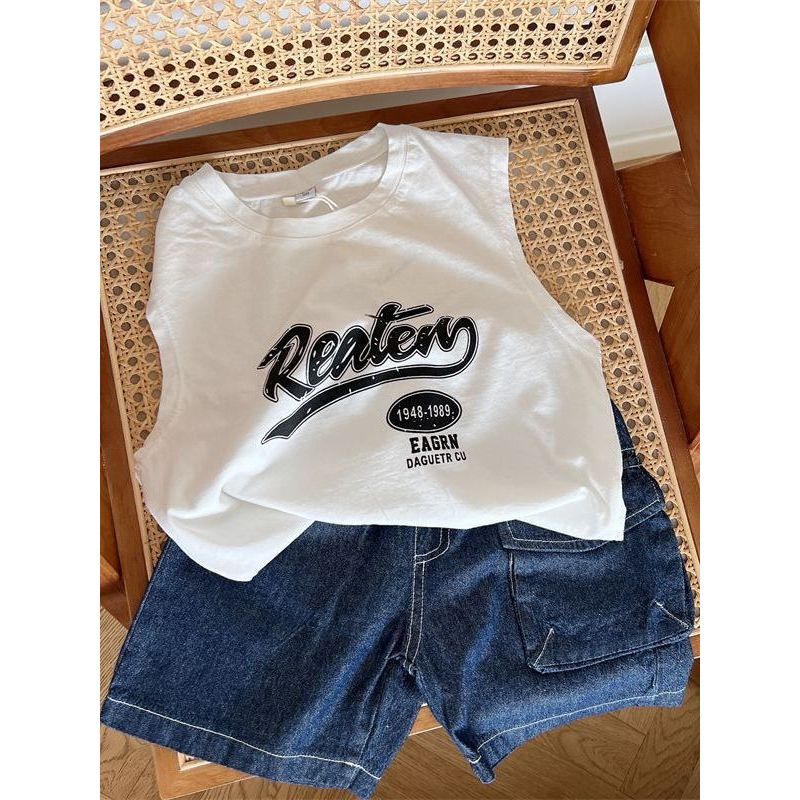 100% algodão meninos camiseta sem mangas crianças verão estilo ocidental carta impressão bebê Casual colete topo