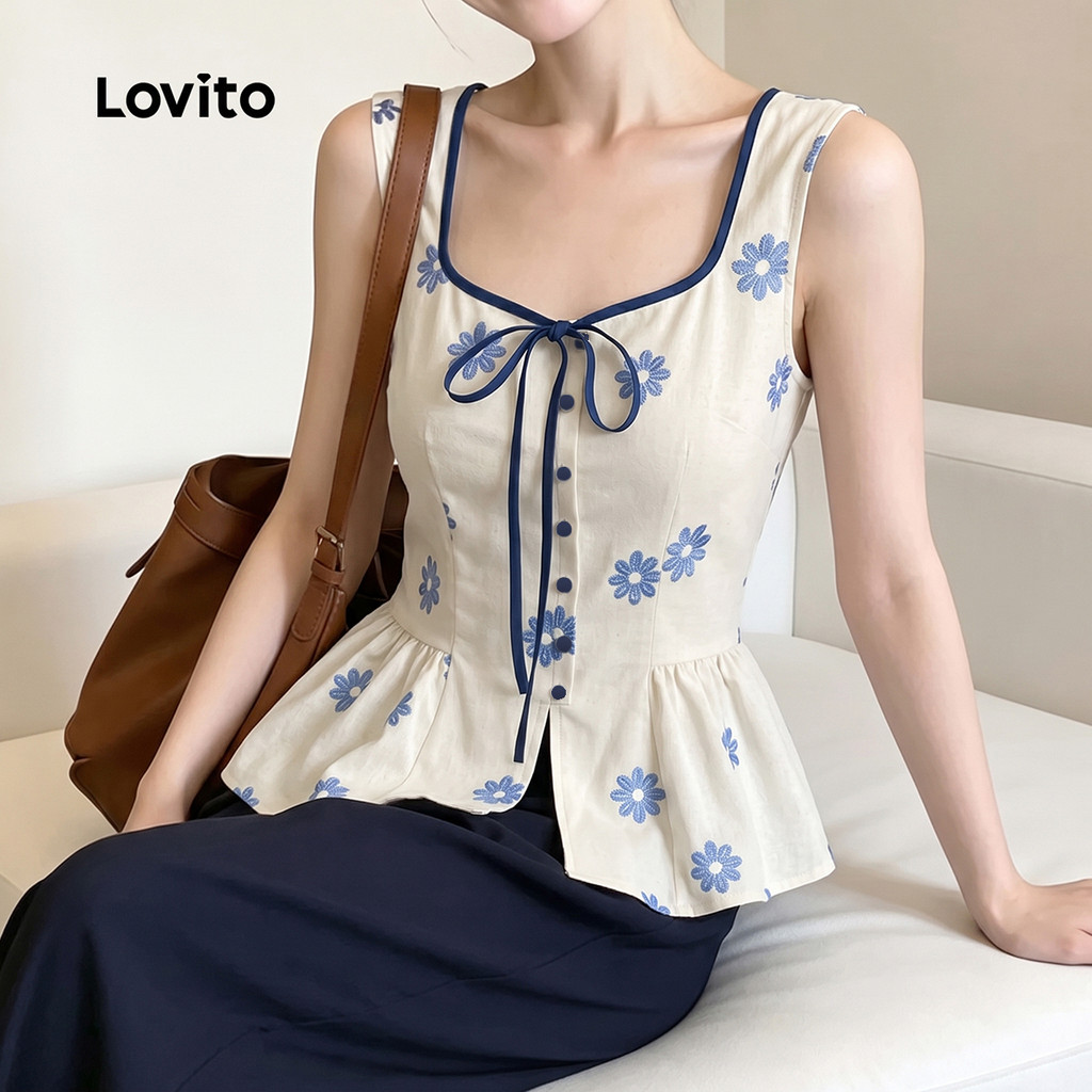 Lovito Top Casual Feminino com Botões Frontais Estampa em Blocos de Cores primavera/verão TKK9P1D912 · foto 2