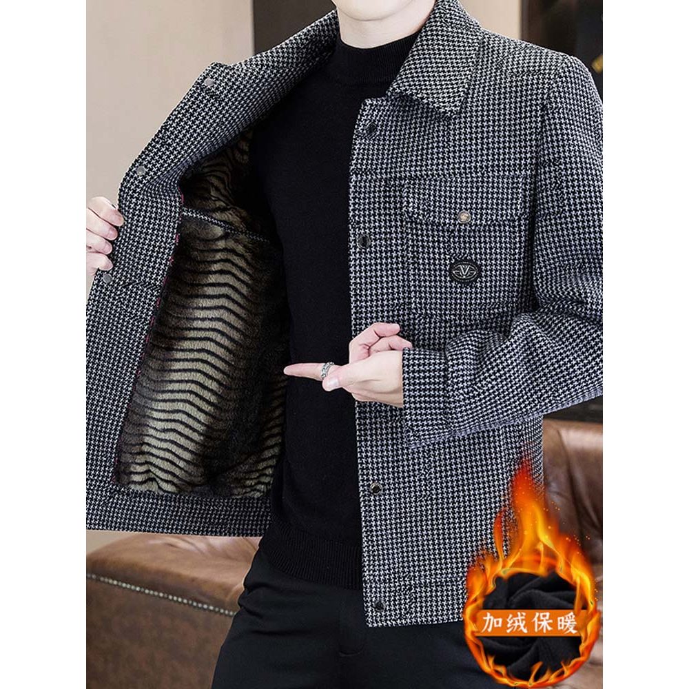 Outono inverno Houndstooth xadrez jaqueta de lã masculina lapela forro de lã engrossado Casual inverno quente jaqueta de