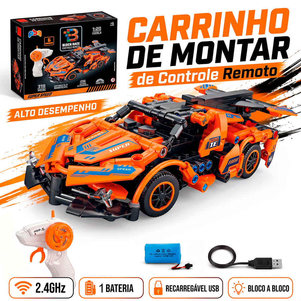 Carrinho De Controle Remoto Bloco De Montar 319 Peças Anda Recarregável Usb Infantil Menino