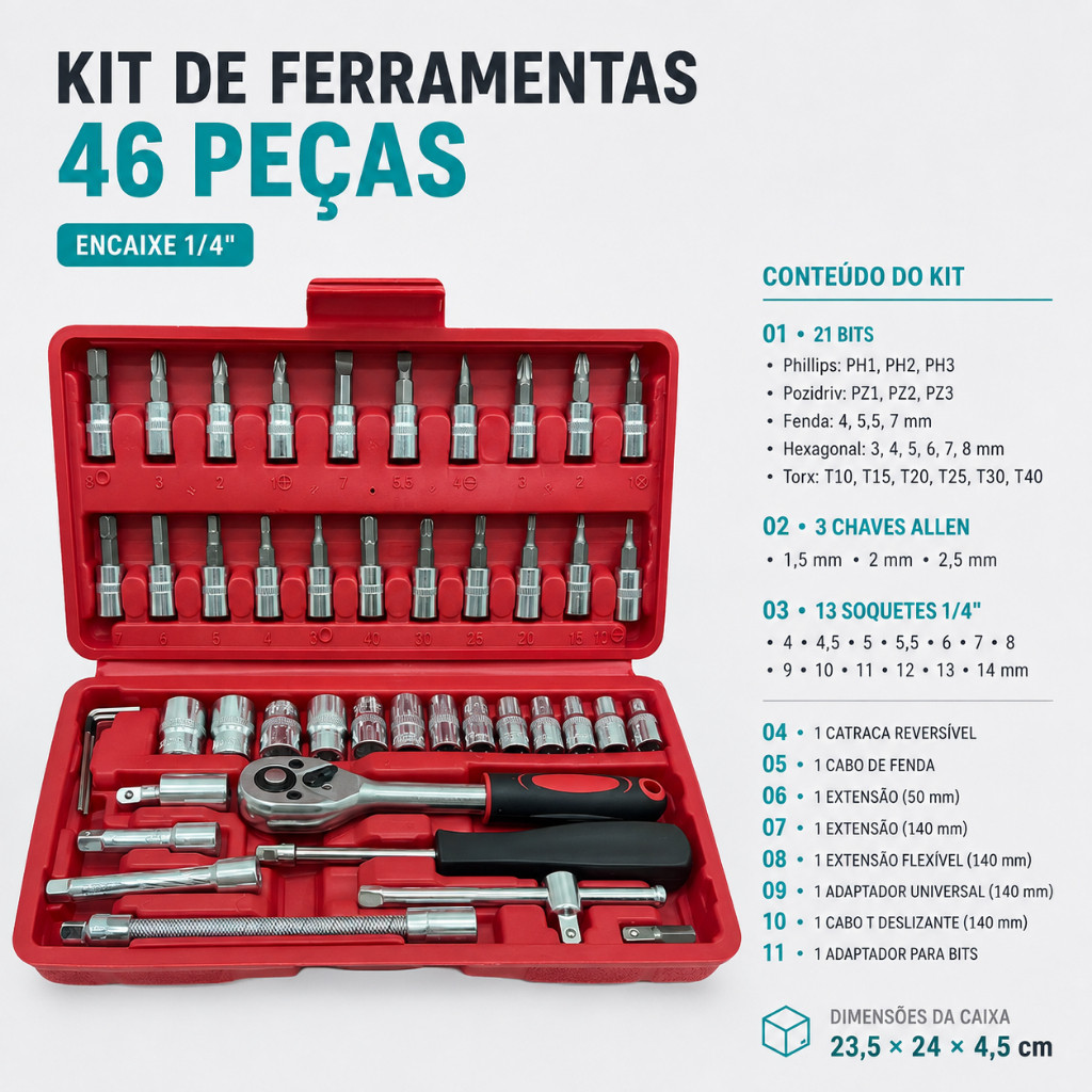 Jogo de Ferramentas 46 Peças com Catraca 1/4 Soquetes Extensões e Maleta LUATEK LWJ-139 · foto 2