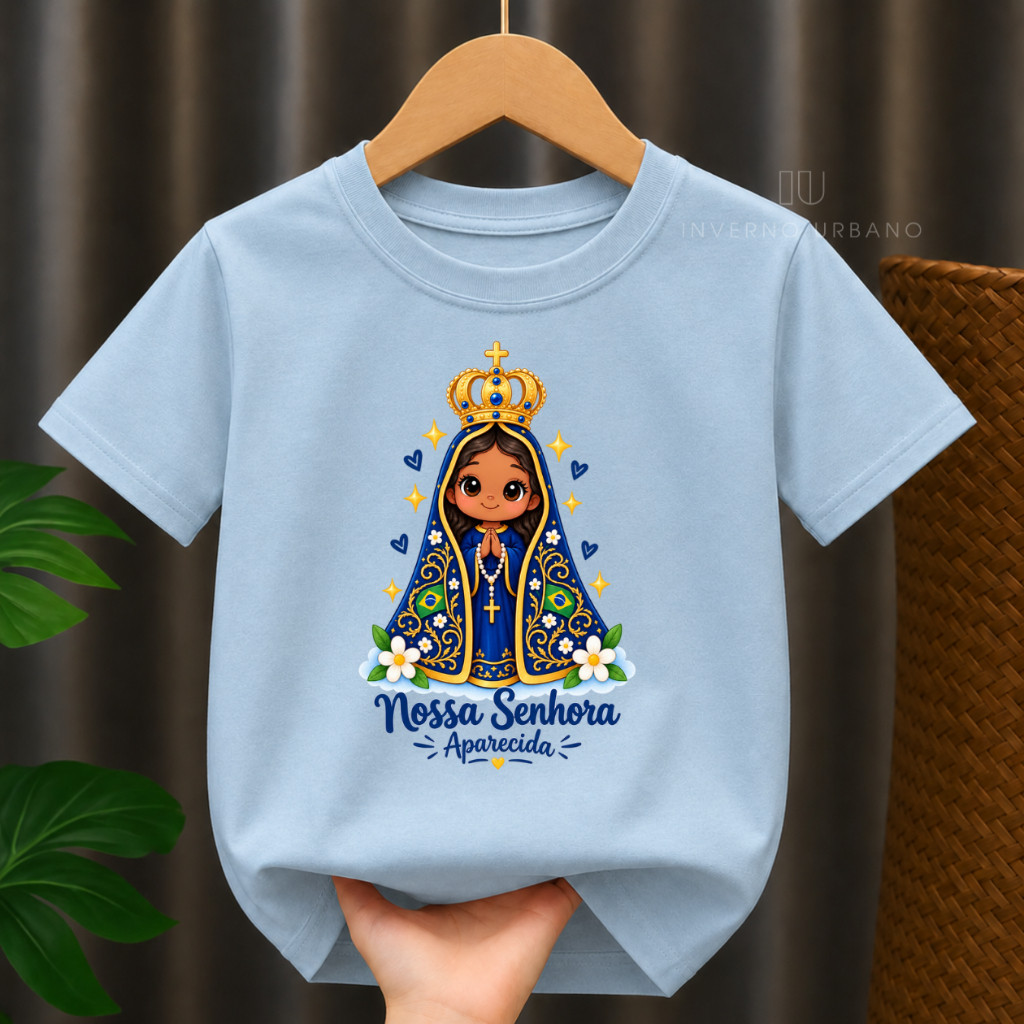 Camiseta Infantil Estampada Nossa Senhora Aparecida - Blusa Religiosa Fé Católica