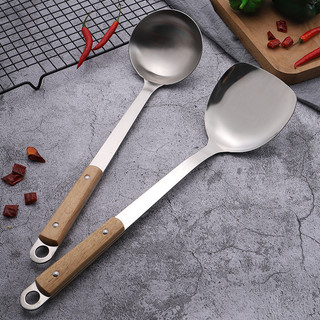 Utensílios de cozinha domésticos em aço inoxidável com cabos com efeito de madeira, espátula e concha, conjunto de utens