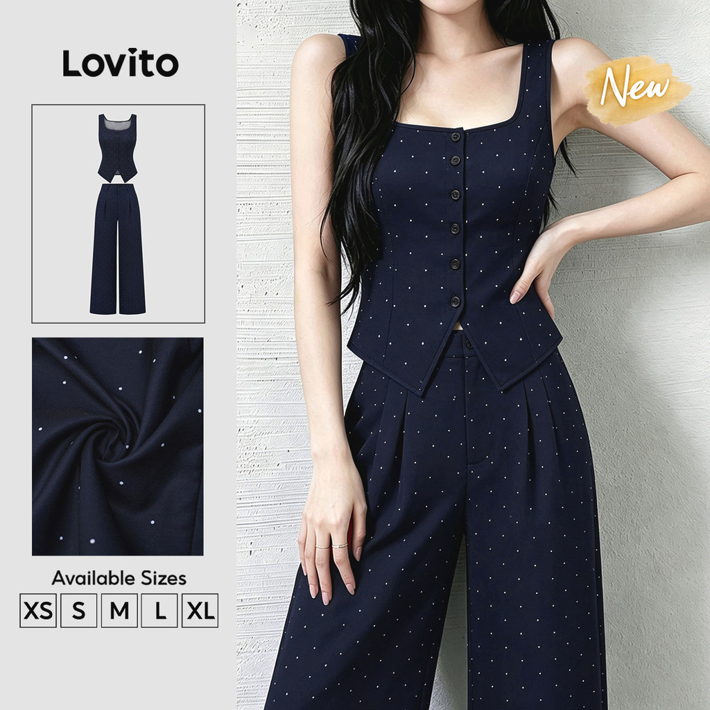 (New Arrival) Lovito Blusa ou parte de baixo casual botão lazer simples azulescuro primavera/verão conjunto PSK9TD081