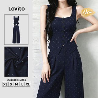 (New Arrival) Lovito Blusa ou parte de baixo casual botão lazer simples azulescuro primavera/verão conjunto PSK9TD081