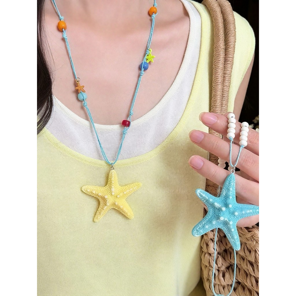 Verão dopamina amarelo estrela do mar pingente colar feminino 2026 novo estilo longo camisola corrente beira-mar férias 