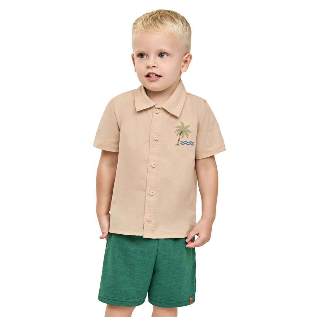 Conjunto Infantil Menino Social Com Bordado Elian Bege
