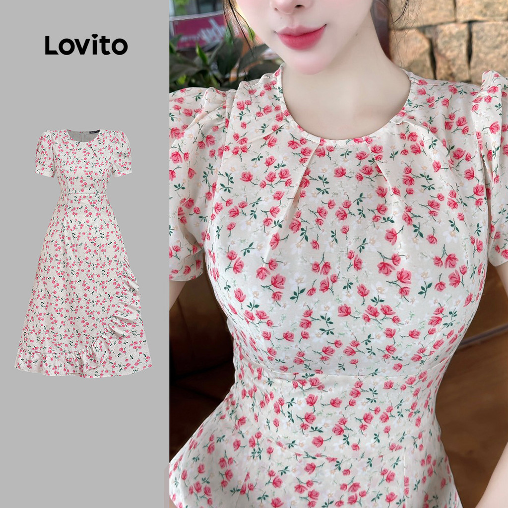 Lovito Vestido Elegante com Babado Assimétrico e Flores para Primavera/verão Feminino DRB199P2D760