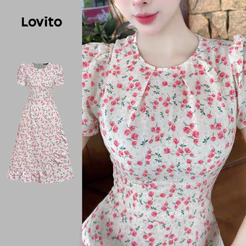 Lovito Vestido Elegante com Babado Assimétrico e Flores para Primavera/verão Feminino DRB199P2D760