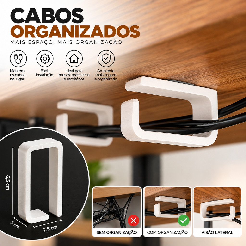 Kit Organizador Cabos Fios Invisível Setup Gamer Home Office Embaixo Mesa Suporte Fixador Escritório Sem Furar