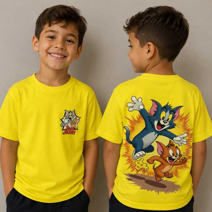 Camiseta Infantil Tom e Jerry Amarela 100% Algodão – Estampa Divertida Frente e Costas dos Personagens