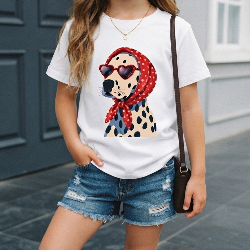 Camiseta infantil fofa e confortável 100% algodão estampada Dálmata Estiloso look fofo e casual para meninas
