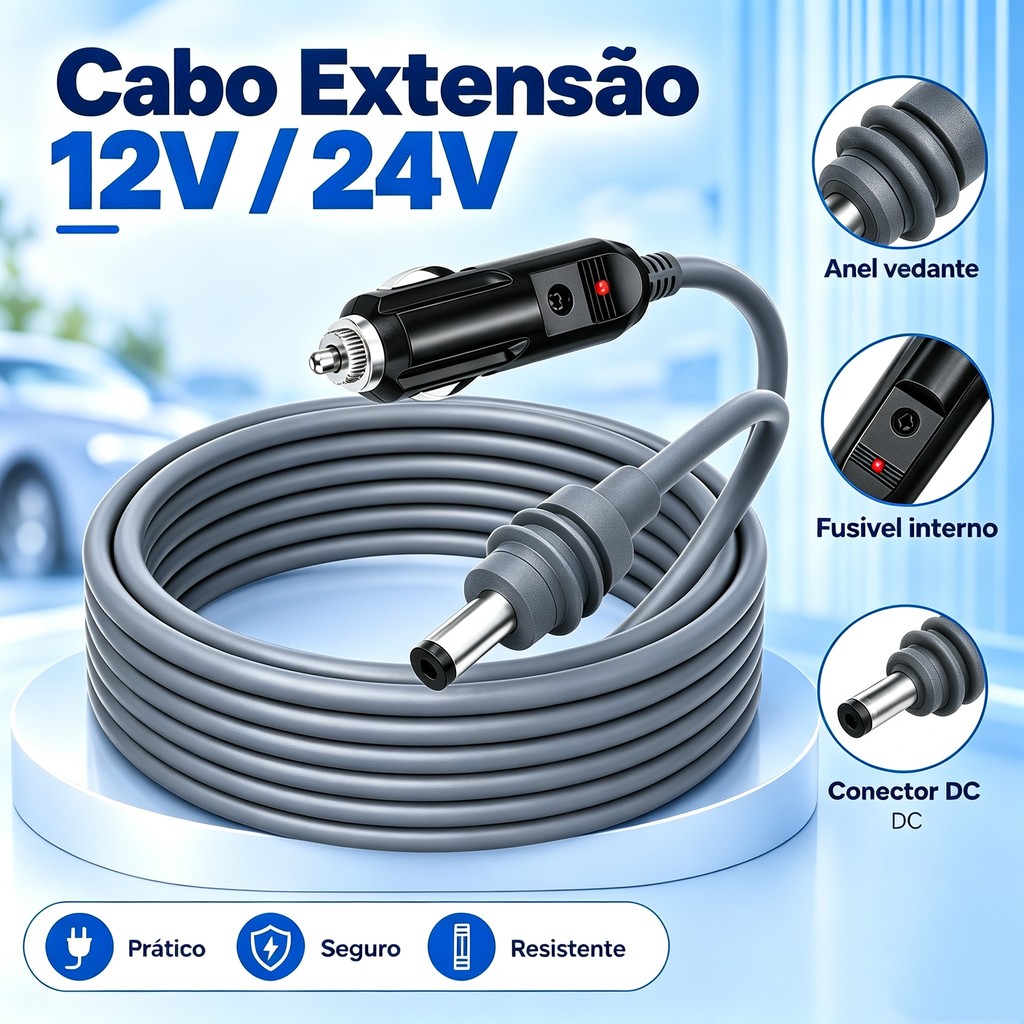 Cabo Extensão De Energia Veicular 12V E 24V Comprimento 3m Com Plugue DC Selado Acessório De Instalação Automotiva