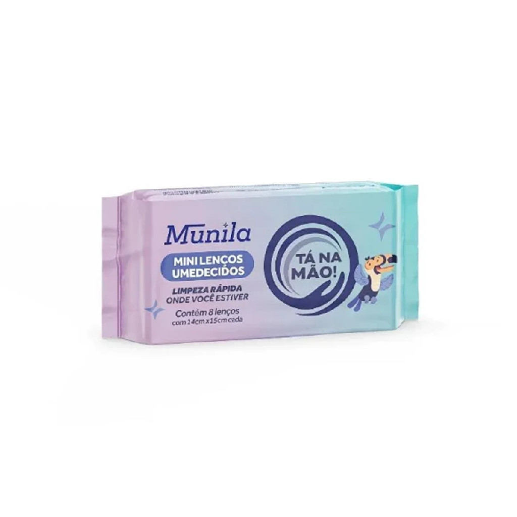 Munila Mini Lenços Umedecidos - 1 UNIDADE (Pacote com 8 Toalhas) Limpeza Rápida