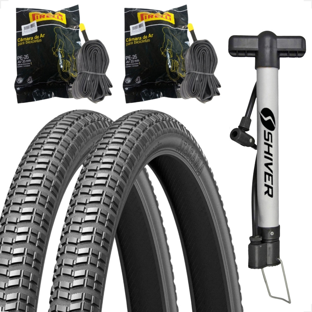PAR Pneu Levorin Atacama Aro 26 x 1.95 + PAR Camara Pirelli bico grosso + Bombinha Bicicleta Bike
