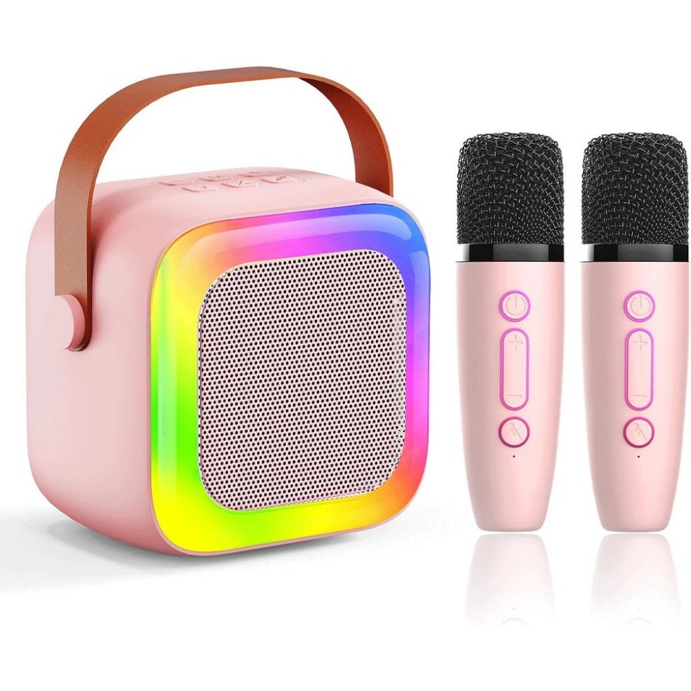 Mini Máquina De Karaokê Para Crianças Com 2 Microfones Sem Fio Alto-Falante Bluetooth Portátil , Luzes De Discoteca LED 