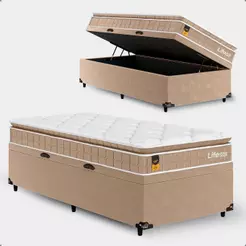 Cama Box Baú Solteiro + Colchão Life D33 Pillow Top 61x88x188cm - Bege - e-Shop Casa