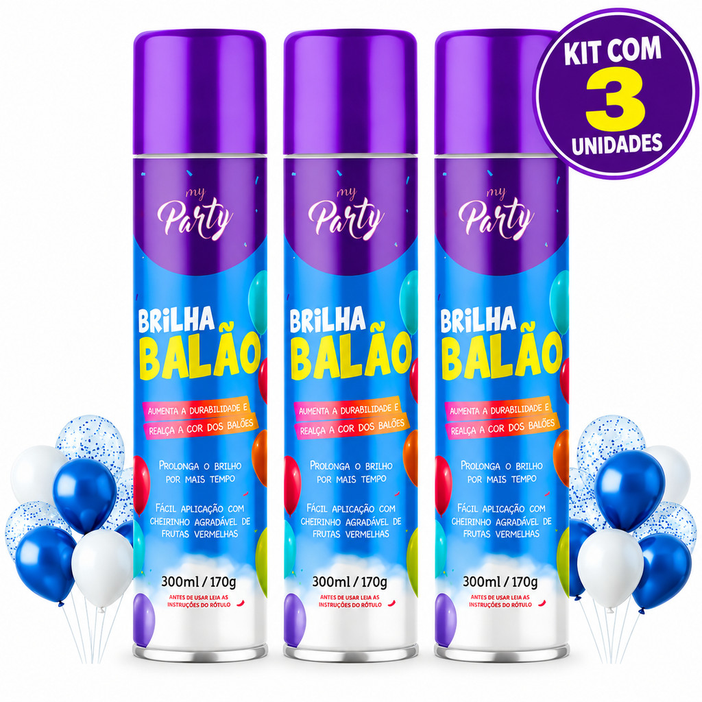Kit 3 Spray Brilha Balão 300ml – Brilho Intenso para Bexigas e Balões de Festa, Maior Durabilidade e Acabamento Profissi