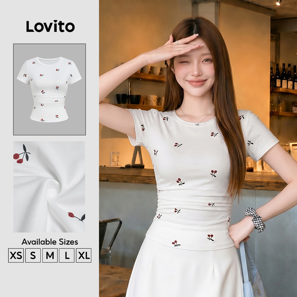 Lovito Casual Camiseta Feminina Branca com Pregas e Manga Curta Primavera/Verão L166AD404